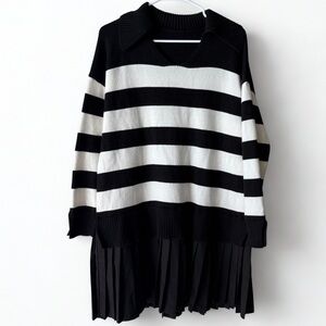 Striped‎ Knit Sweater Dress w/ Pleated Skirt Hem – Black & White, Womens M/L